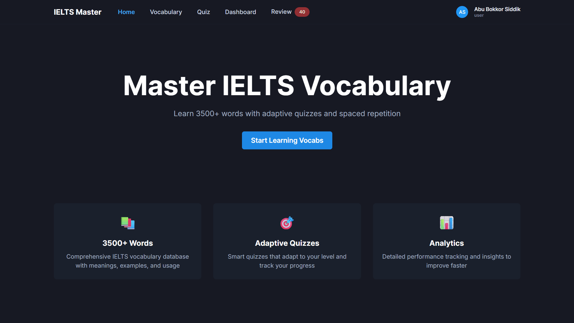 Screenshot of IELTS Vocabulary Learning Platform
